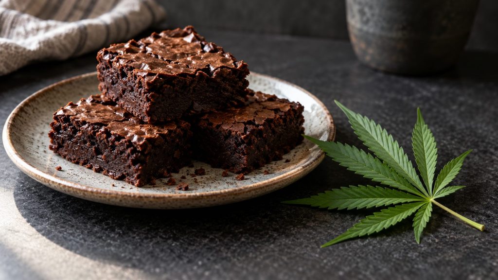Ilustracion de brownies de chocolate junto a una hoja de cannabis